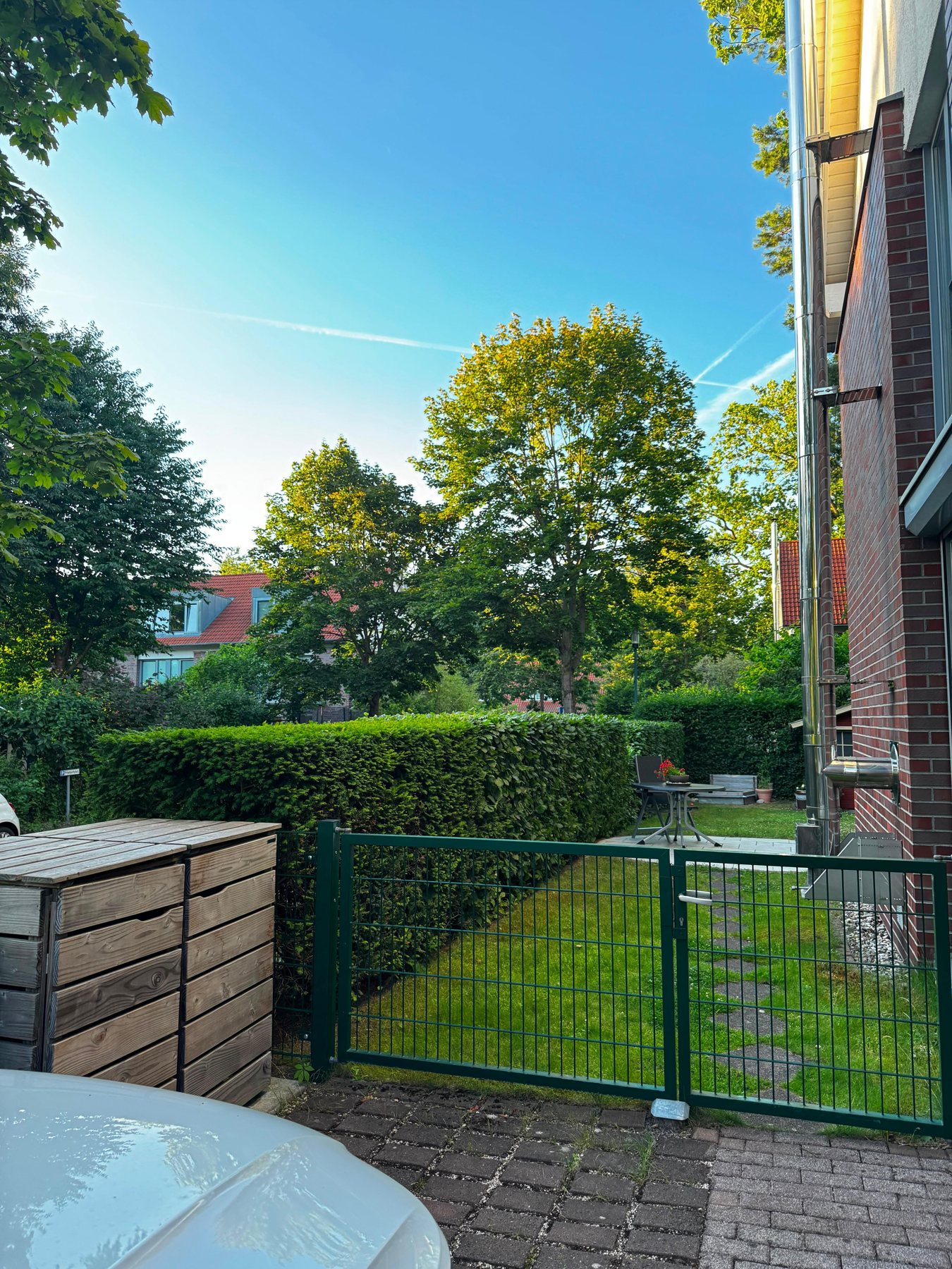 Sauber geschnittene Hecke und gepflegter Rasen hinter einem grünen Gartentor